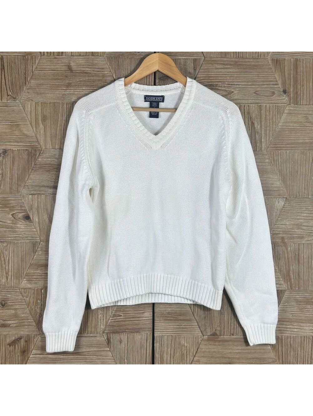 Lands' End Minimalist Petite Small White V-Neck Pullover Cotton Sweater Knit Top